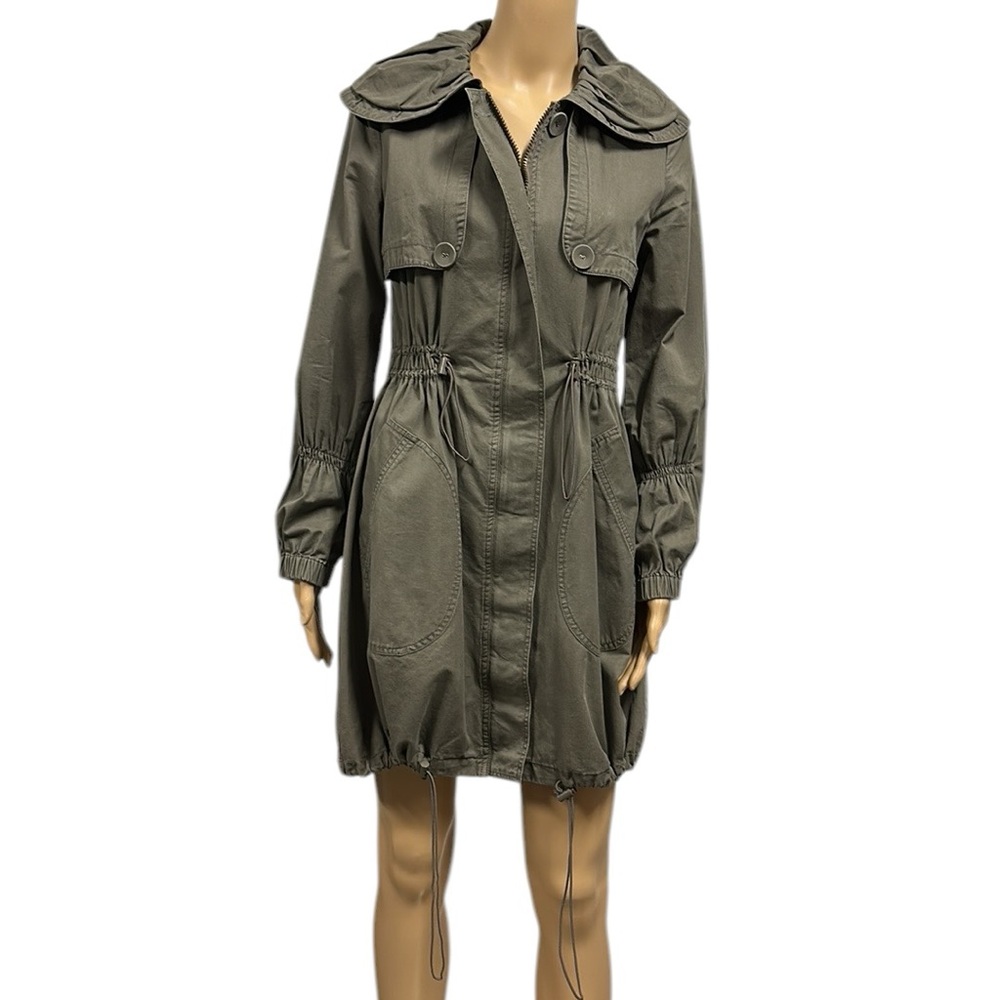 Sashimi Khaki Utility Cotton Button Up Cinch Waist Tench Coat Jacket Womens S